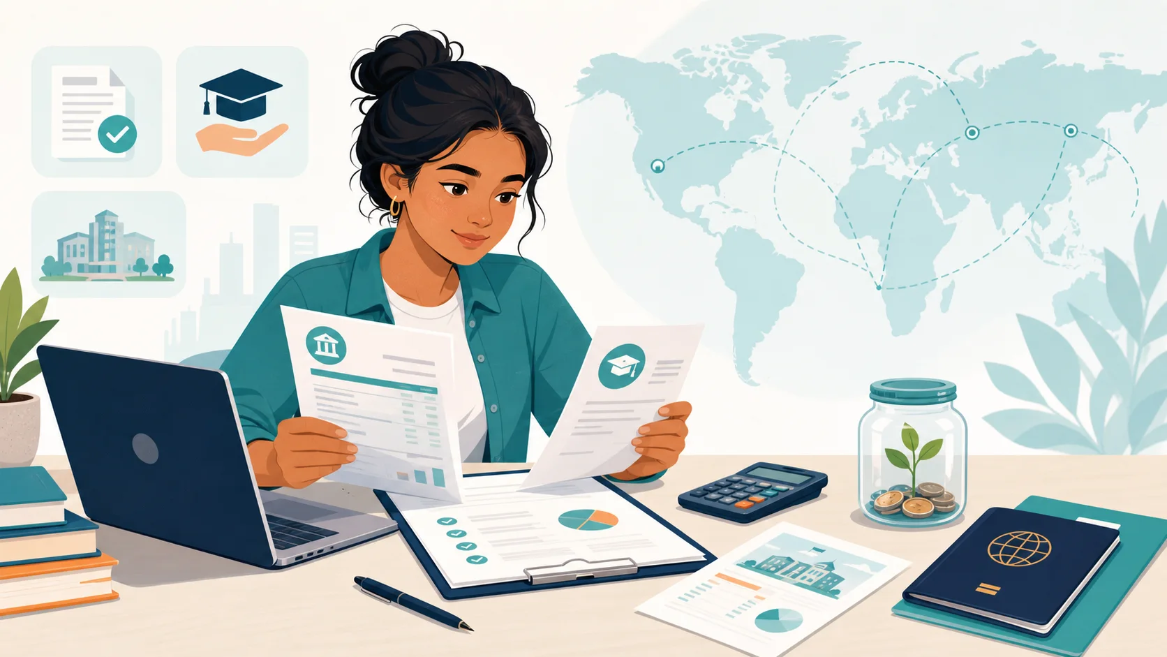 Estudiante internacional organizando extractos bancarios, becas y presupuesto para demostrar fondos de una visa de estudios