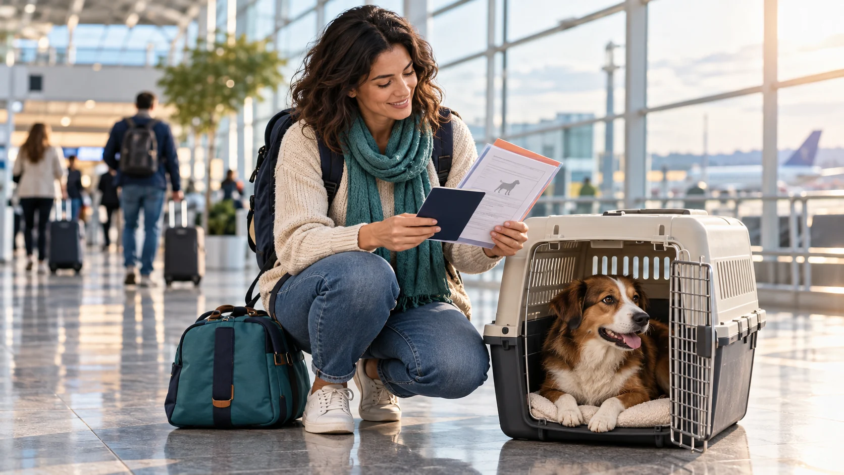 Viajera preparando los documentos y el transportín de su perro para emigrar