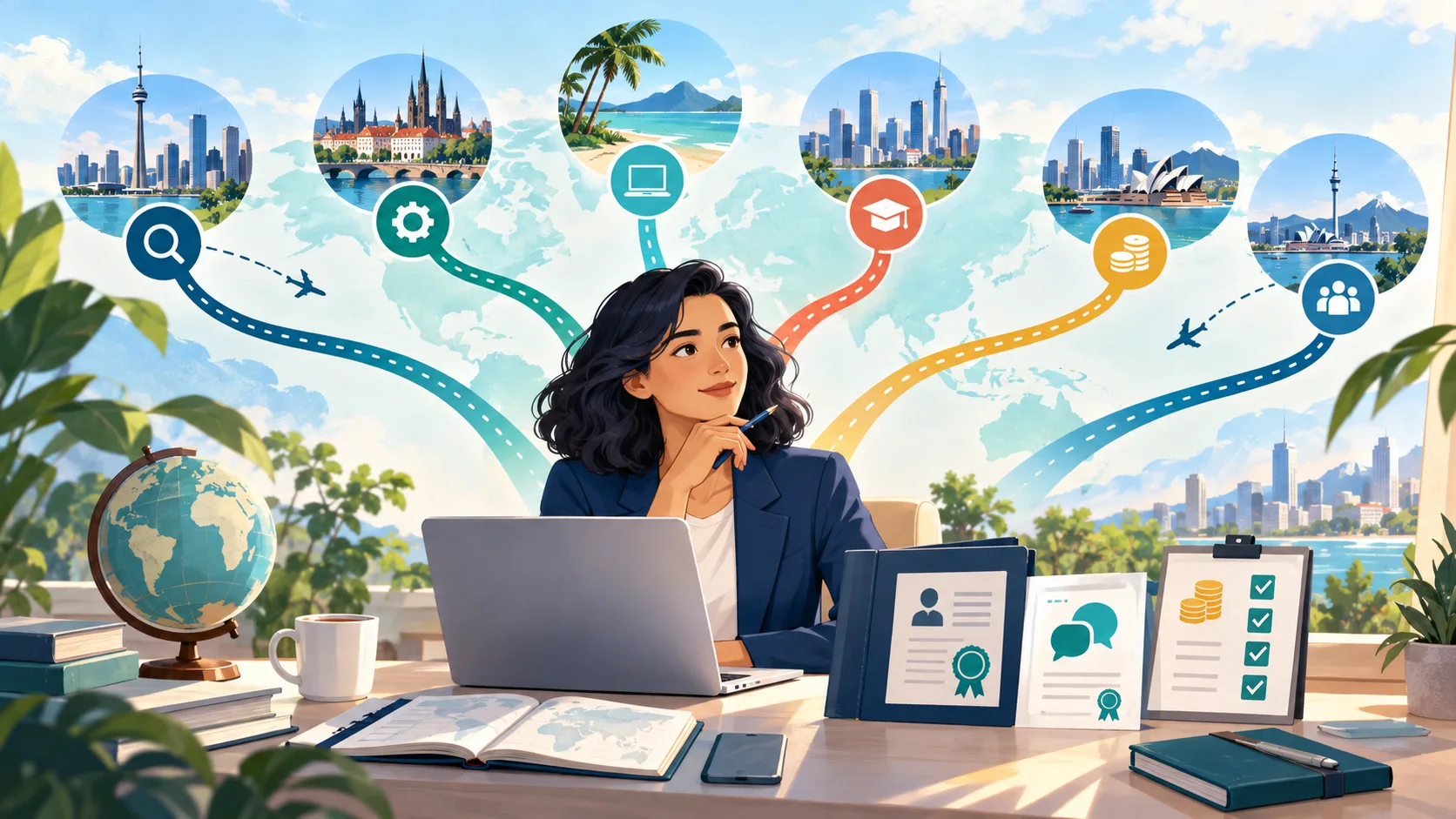 Profesional comparando seis rutas migratorias oficiales que no exigen oferta laboral local inicial