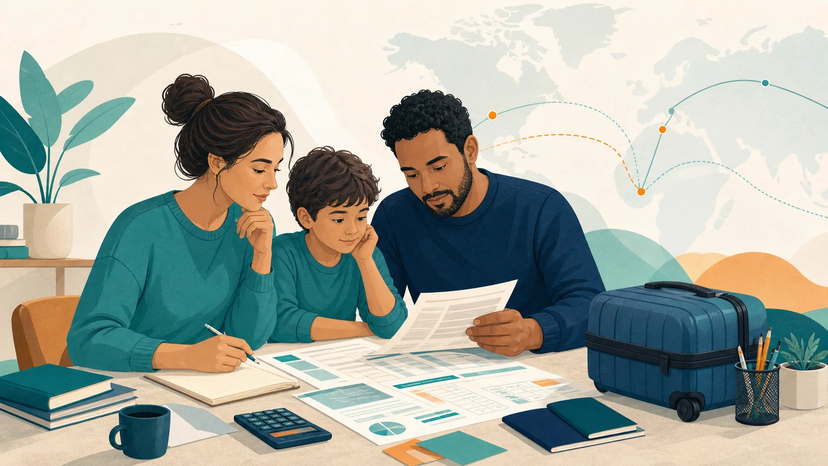 Familia preparando documentos, presupuesto y equipaje para acompañar a un estudiante internacional