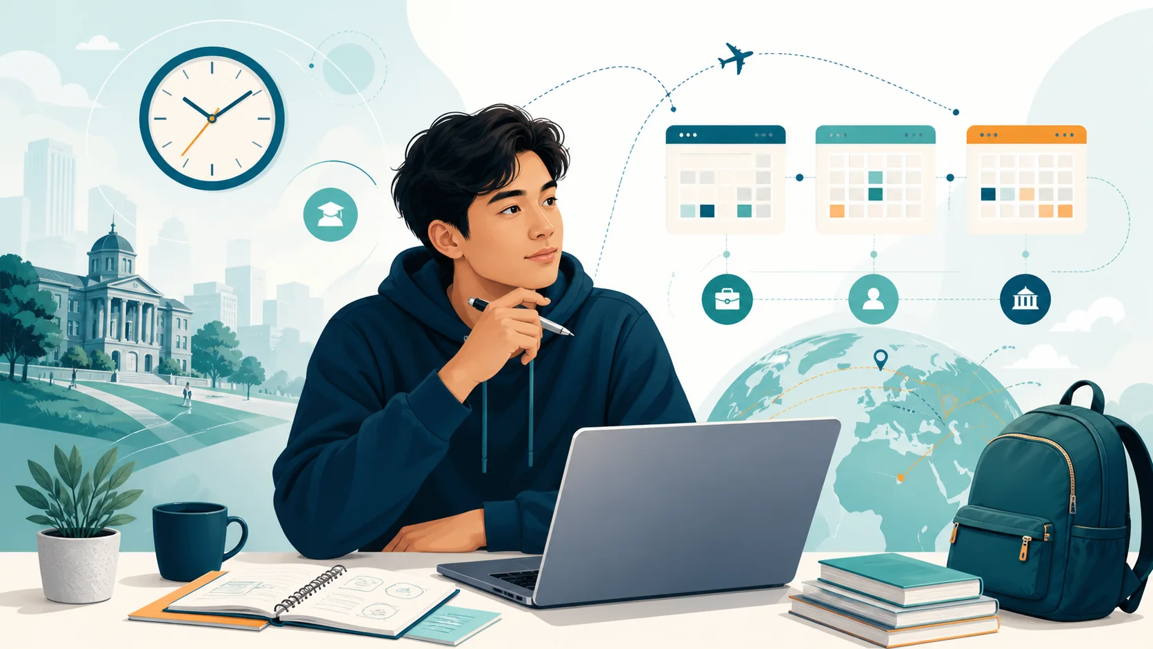 Estudiante internacional comparando calendarios, horarios y opciones de trabajo durante sus estudios