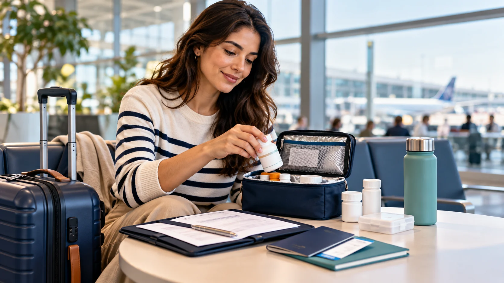 Viajera organizando medicamentos, documentos médicos y equipaje de mano antes de emigrar