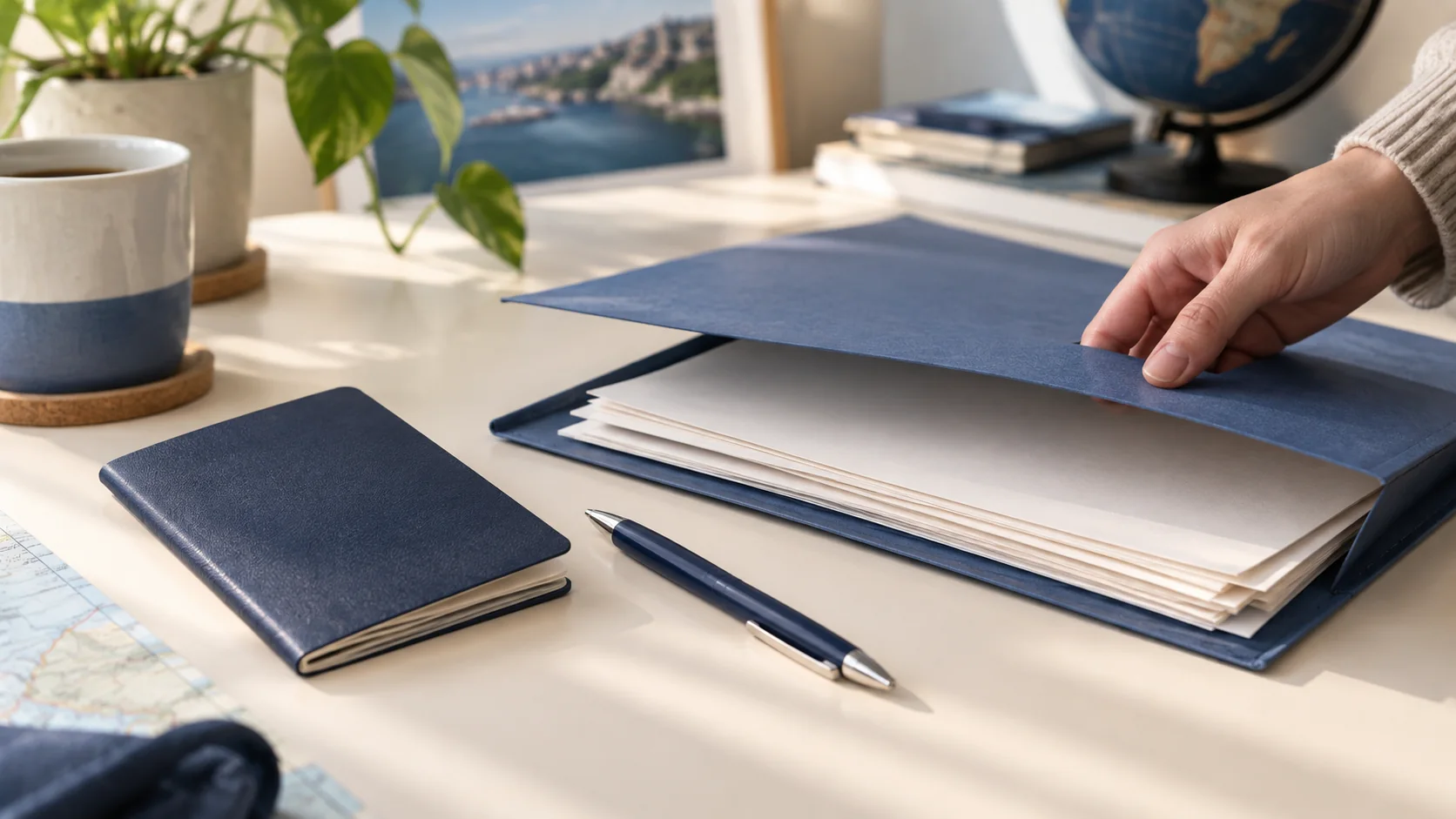 Carpeta de documentos genéricos y cuaderno de viaje sobre una mesa