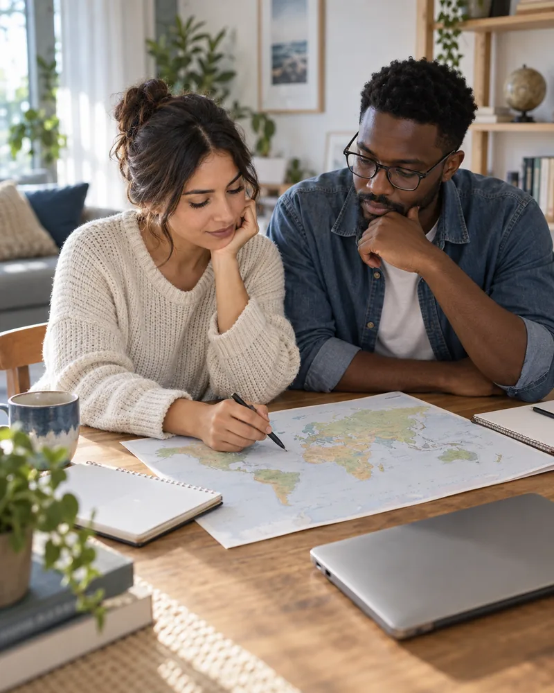 Dos personas comparan destinos y preparan su plan de emigración